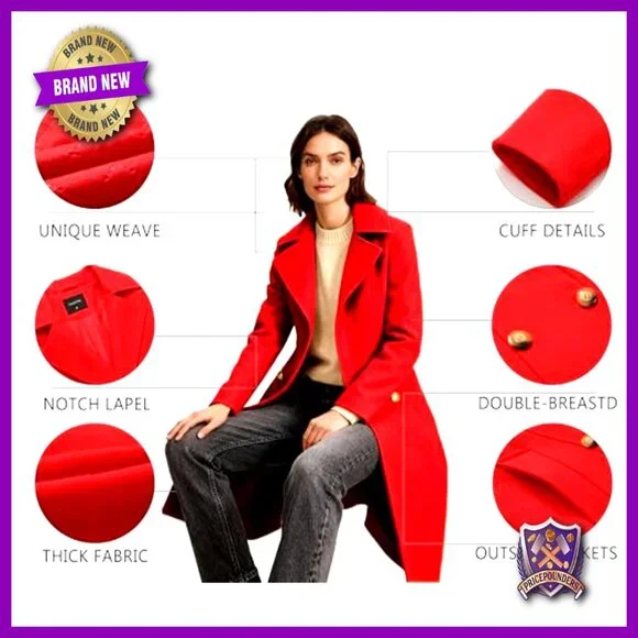 Double-Breasted Peacoat Classic Wool Overcoat Notch Lapel Slim Fit Elegant - Picture 6 of 7